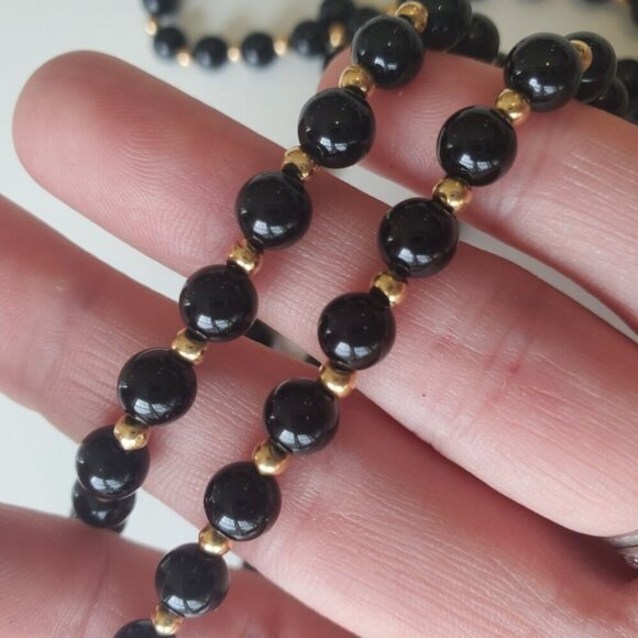 VICTORIAN BLACK ONYX &14K Yellow GOLD Beaded STRAND Necklace Antique f/ 1800's - Picture 3 of 8